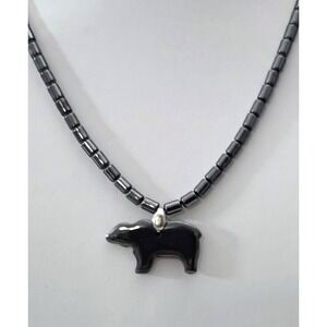 Hematite Magnetic Necklace Black Gunmetal Beaded Bear Dangling Charm Pendant 18"